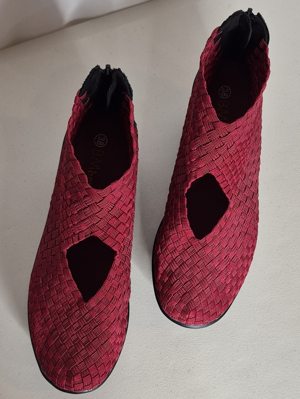 Bernie Mev Ruby Red Elastic Woven Wedge Booties w/ Heel Zipper - Size 7.5